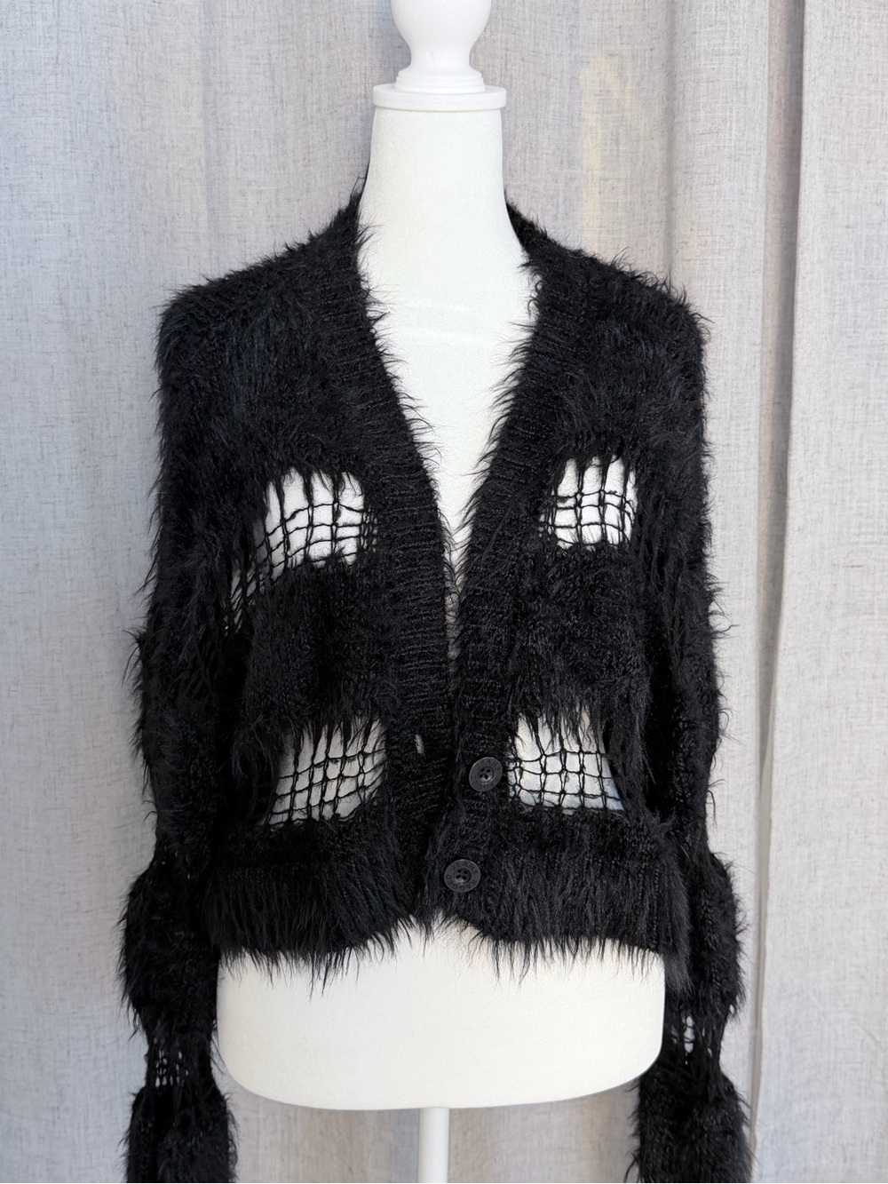 The Ragged Priest Black Fuzzy Open-Weave Button Cardigan Jacket with tags